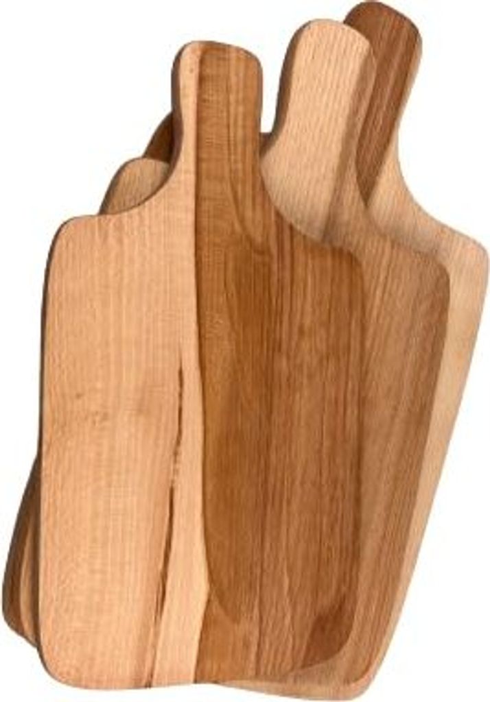 A stack of wooden cutting boards with handles, arranged diagonally.