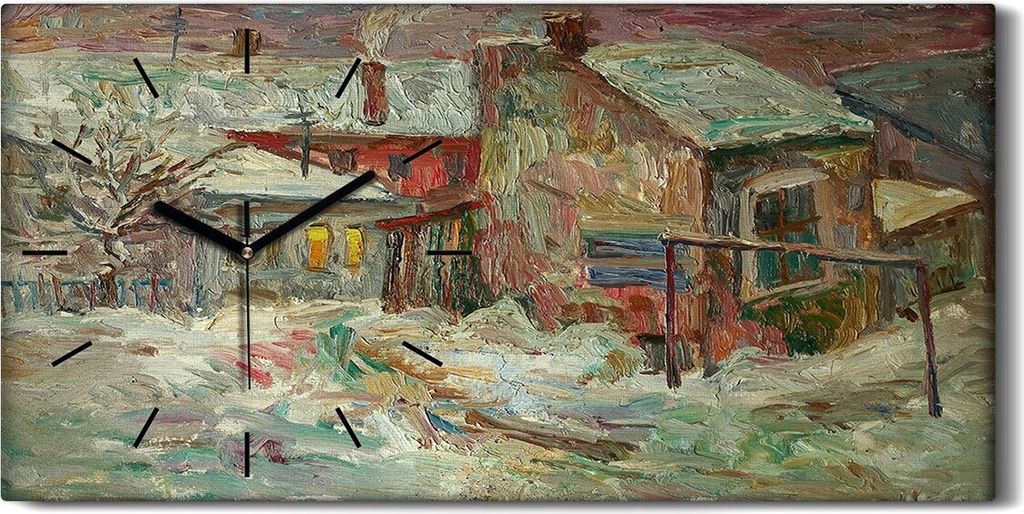 Leinwand Uhr Küche Wohnzimmer Bild 60x30 Ölgemälde Dorf Winter Schnee Kunst - schwarze Hände