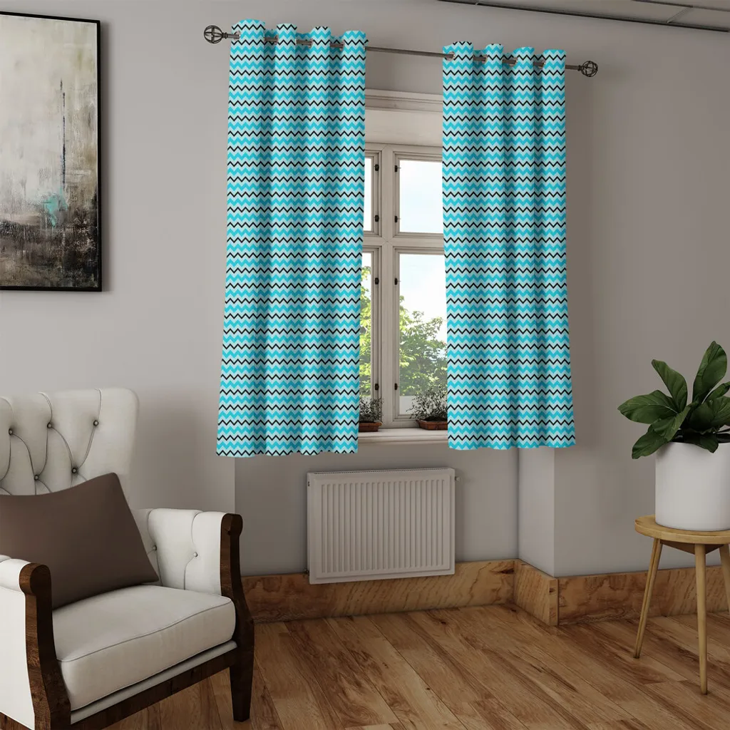 Rideau géométrique à chevrons bleu Seafoam et noir avec œillets - 2