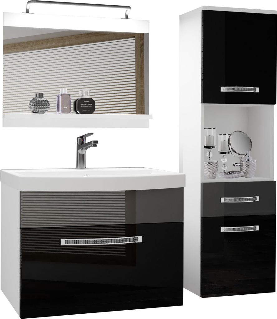 BELINI Badmöbel Vollausstattung Set Waschbeckenschrank, Hochschrank, Waschbecken, Spiegel, Lampe (Schwarz/ Silber, Glänzend)