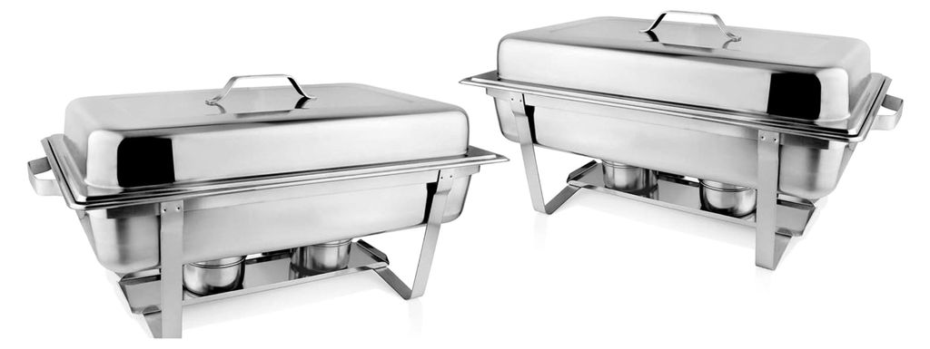 Edelstahl Chafing Dish Set, 2-teilig, 59,5 x 35,5 x 30 cm, 6 GN-Behälter (1 x 9L, 2 x 4L, 3 x 2,5L), 2 Deckel, 4 Brennstoffbehälter, Silber