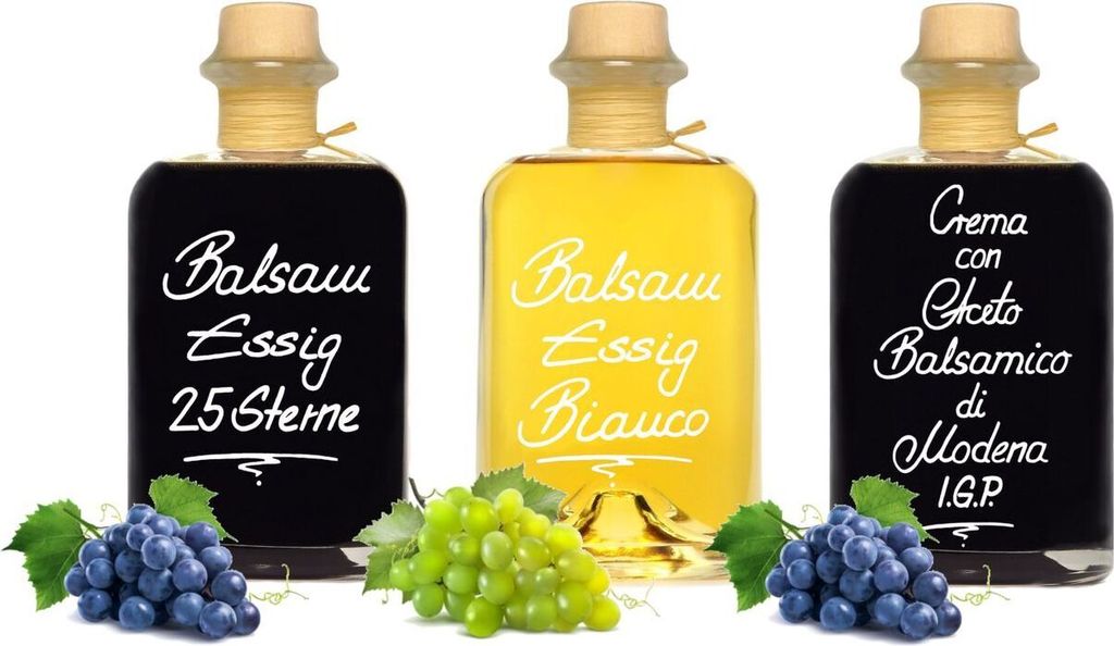 Balsamessig Sorglos Paket 3x 1L 25 Sterne Balsamessig / Weißer Balsam Essig / Crema di Balsamico di Modena IGP Set