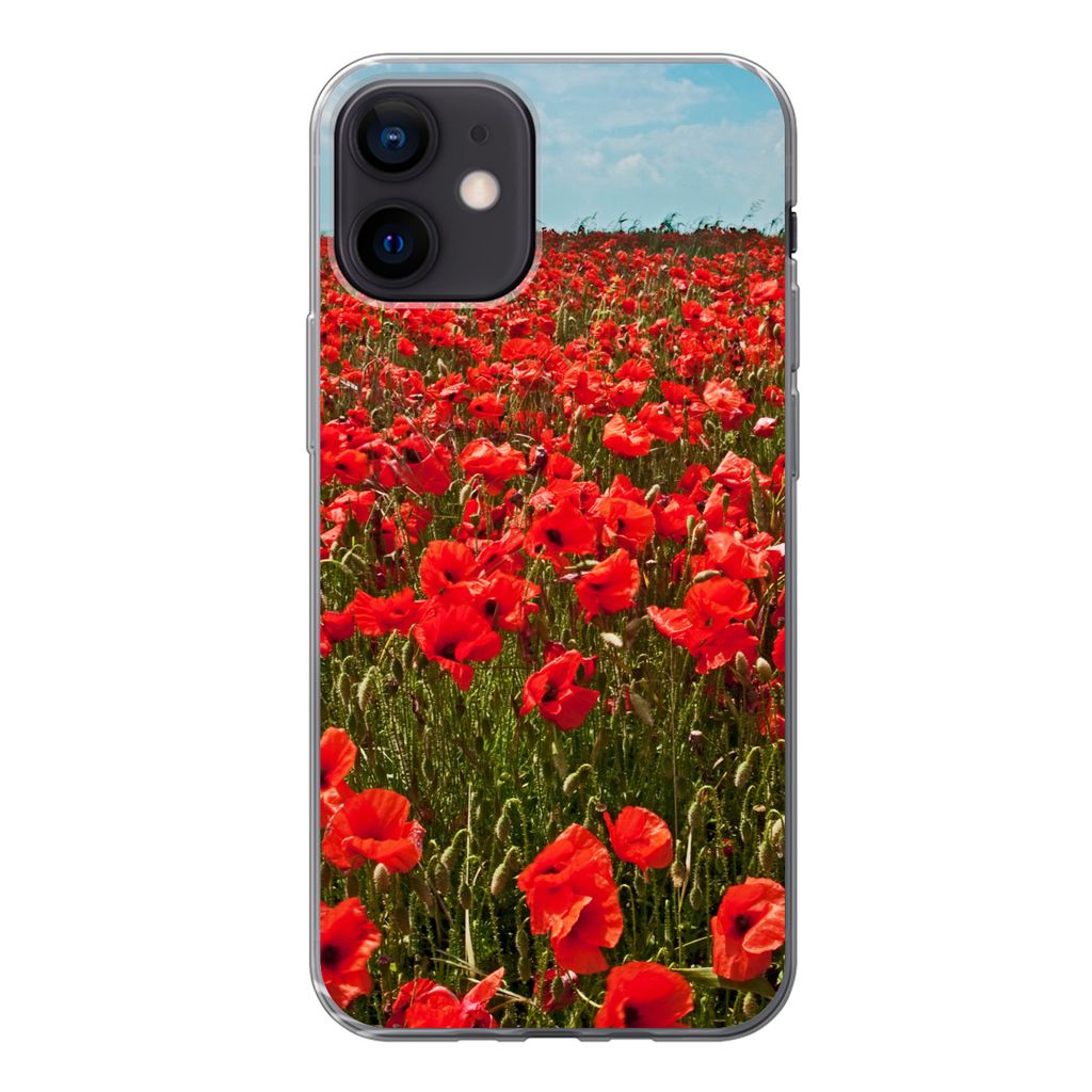 MuchoWow Handyhülle Schutzhülle Hülle für iPhone 12 Eine Wiese voller Mohnblumen Silikon Softcase Handy Hülle - Schutzhülle