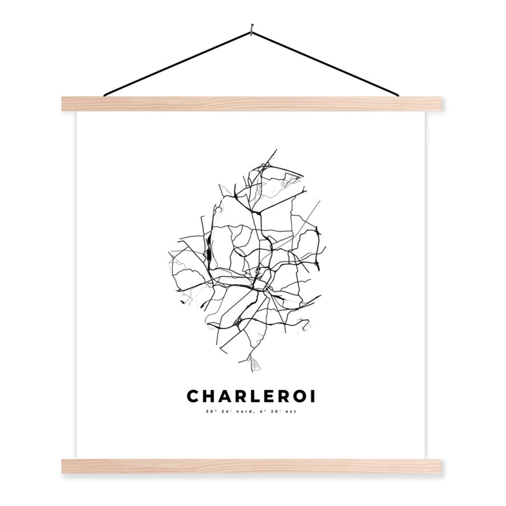 MuchoWow Textilposter Stadtplan - Schwarz und weiß - Karte - Charleroi - Belgien - Karte 40x40 cm mit holzfarbenen Rahmen - Posterleiste