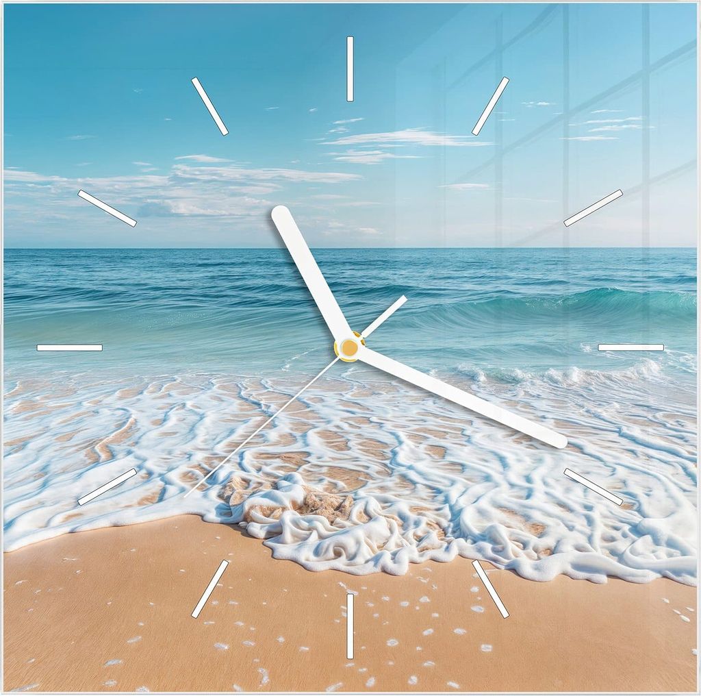 Wanduhr aus Glas mit Motiv Tropischer Strand- 30 x 30 cm - inkl. Aufhängesystem