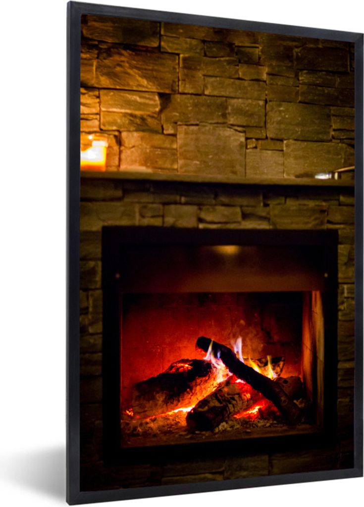 MuchoWow® Gerahmtes Poster Kamin mit rotem Licht 60x90 cm - Produktbild 