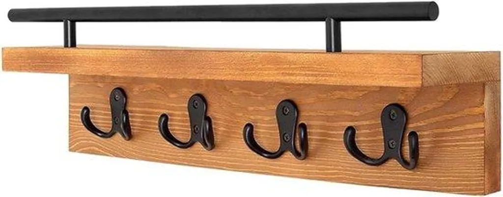 Support clés mural bois 4 crochets et tablette de rangement multifonction