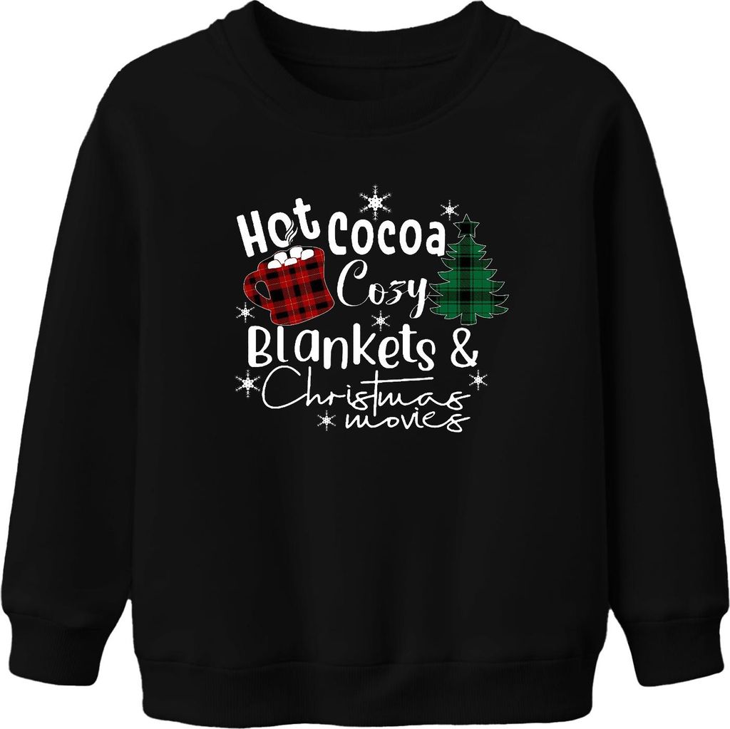 Hot Cocoa Cozy Blankets Christmas movies plaid mug snowflake Uni Kinder Sweatshirt Pullover, Schwarz, 152