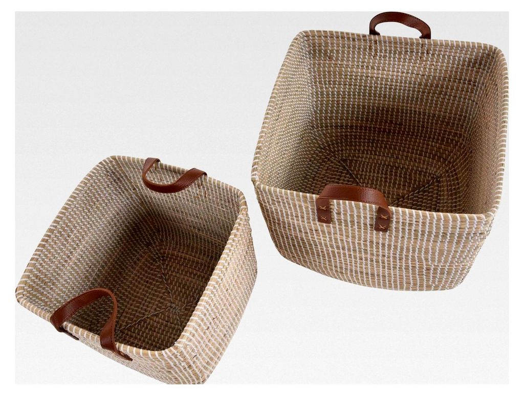 Set/2 Handgefertigte Seegras Dekokörbe zur Aufbewahrung, Natur mit weißen Wicklungen (Hell Natur, Set/2 Quadratisch (44x44x41 / 38x38x35cm))