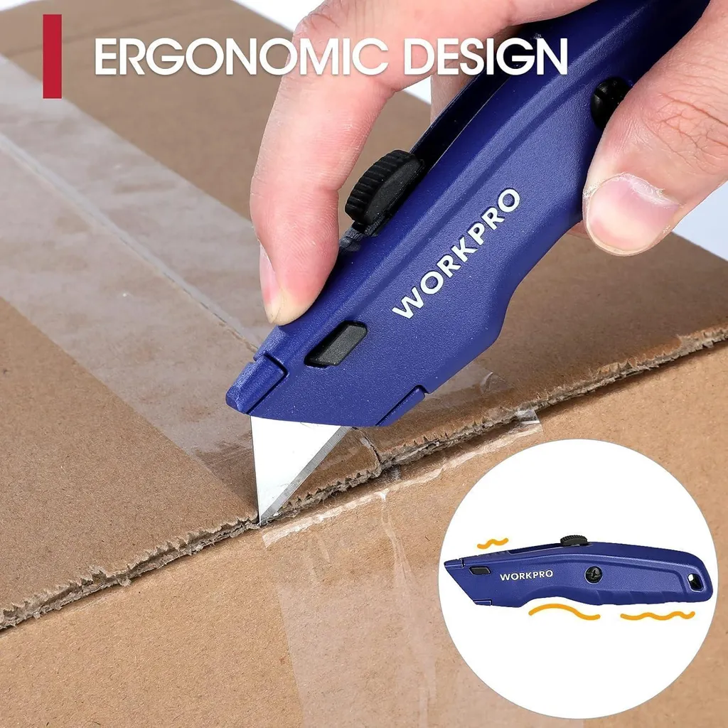 Cutter professionnel rétractable métal bleu WORKPRO avec ses 10 lames