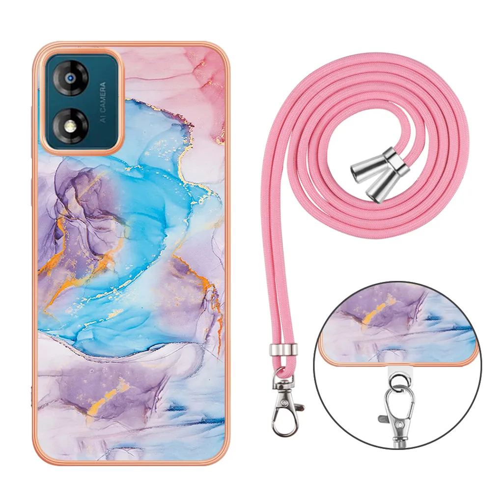 SNCLET Custodia per Motorola Moto E32 Case con Collana con Regolabile Laccio Tracolla TPU Edges Antiurto Anti Scratch Custodia Protettiva Back Case per Motorola Moto E32/Moto E32s,Marmo Rosa Bianco