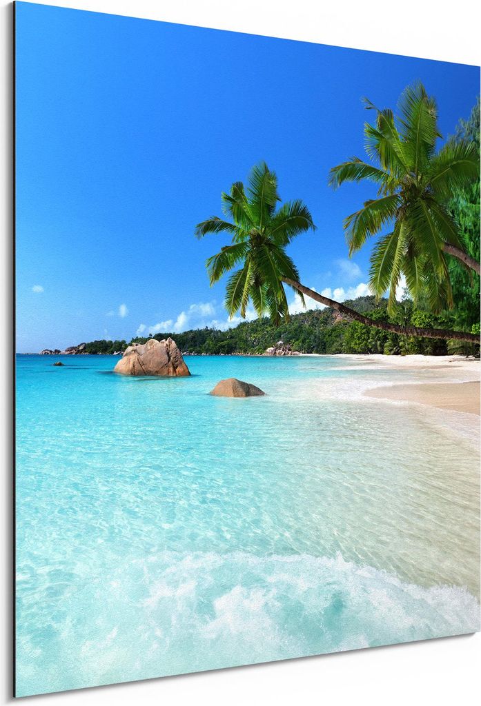 DEQORI Alu-Dibond Bild Weiß 50x50 cm 'Bilderbuchstrand' Wandbild Metall dünn Design