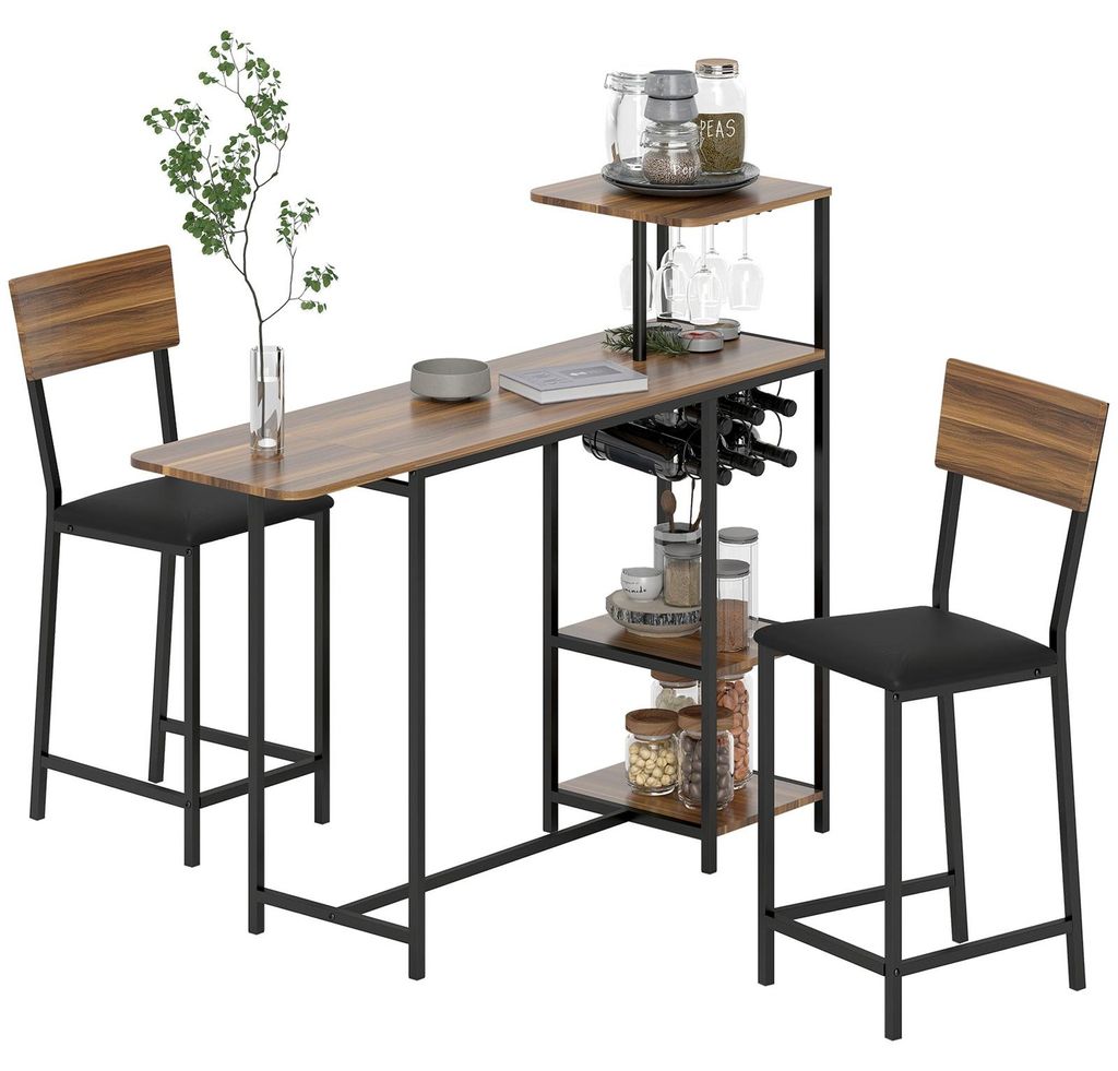3-teiliges Bartisch-Set, 1 Bartisch, 2 Stühle, mit Weinregal, Glashalter