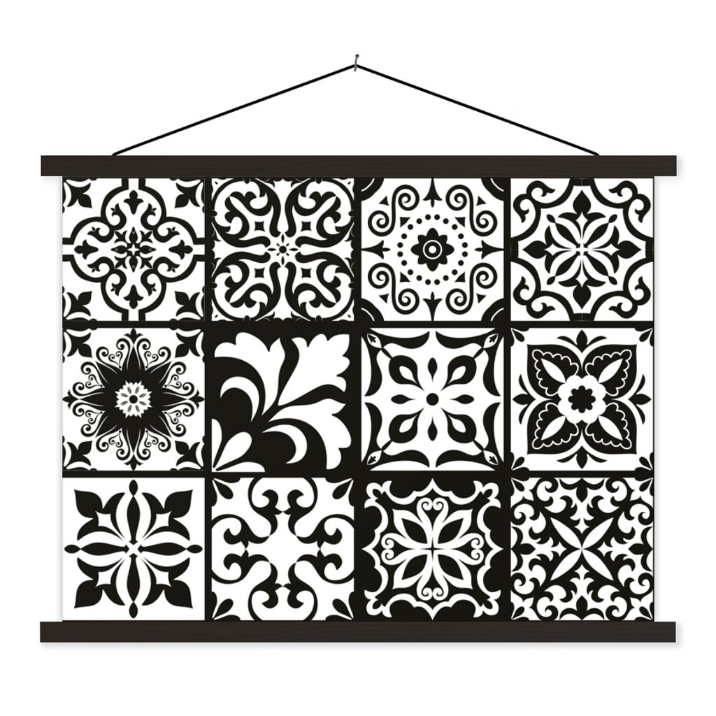 MuchoWow Textilposter Muster - Schwarz - Weiß - Blumen - Abstrakt 120x90 cm mit schwarzem Rahmen - Aufhänger für Poster