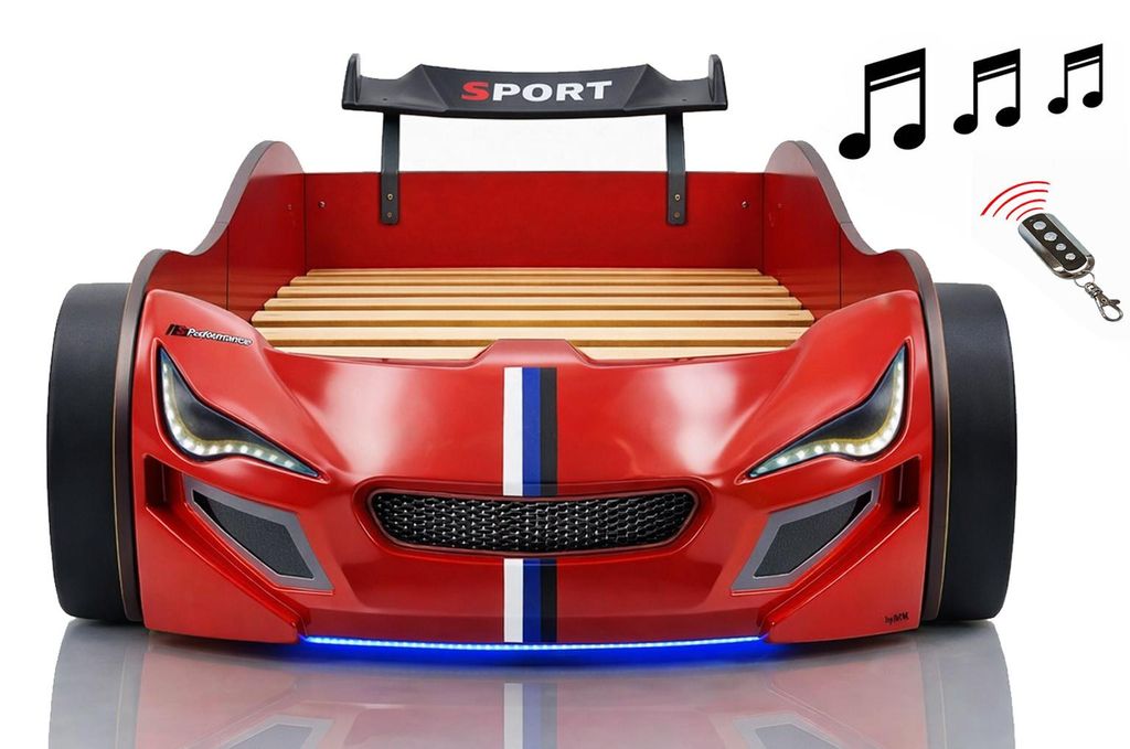 Autobett Kinder 90x200 Jungen LED Leuchte Unterbodenbeleuchtung Sound Fernbedienung, Farbe wählen:Rot, Sportsitze:ohne Sportsitze, Matratze:ohne M...