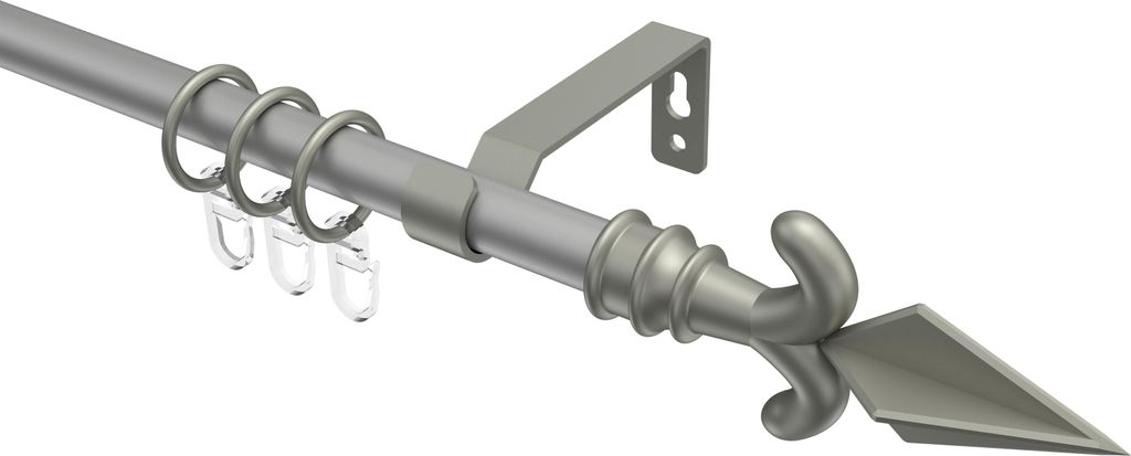 Interdeco Gardinenstange / Vorhangstange Silbergrau / Chrom matt, Typ Olymp Matteo (Pfeil), 16 mm Ø 1-läufig, 480 cm