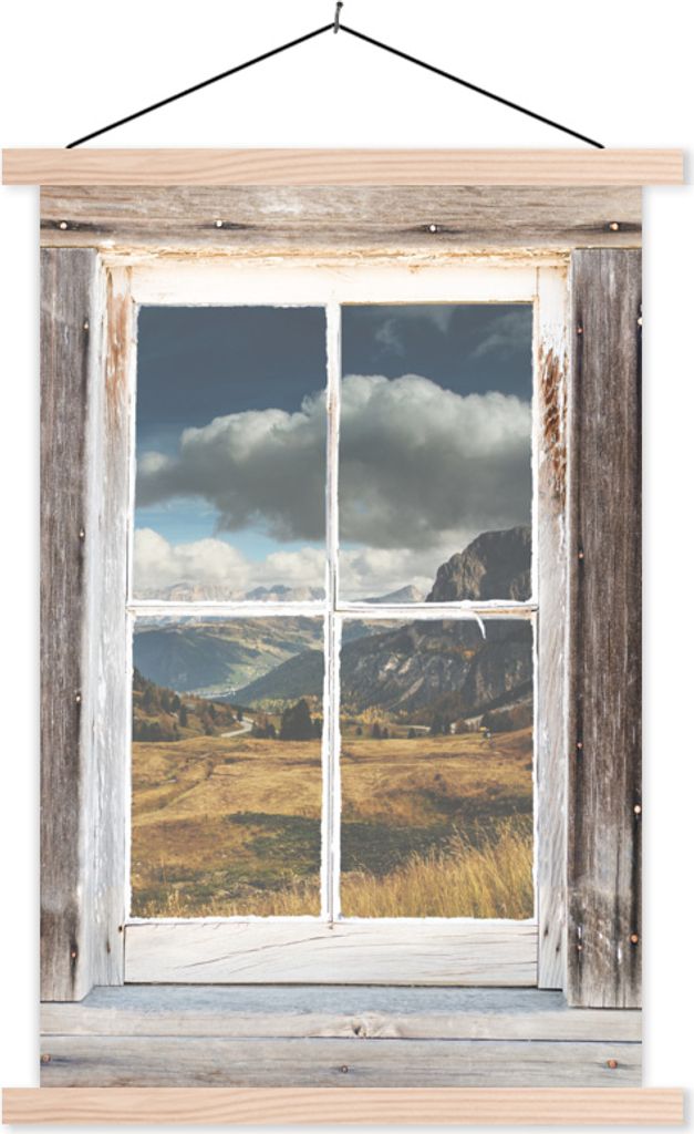 MuchoWow Textilposter Aussicht - Berg - Holz 40x60 cm mit holzfarbenen Rahmen - Poster
