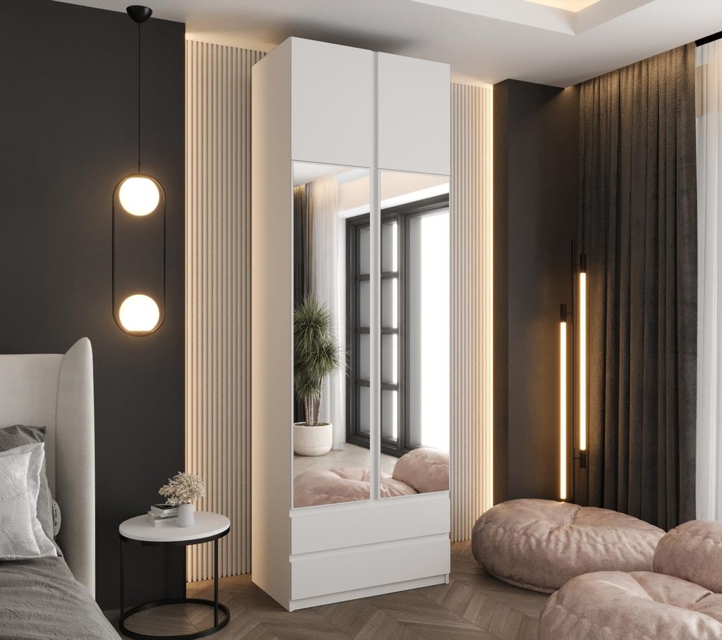 Drehtürenschrank 240x70x48 cm Weiß mit 2 Spiegeln, Aufsatz Produktbild 