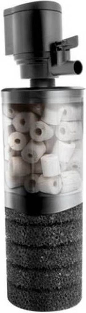 A cutaway view of an internal aquarium filter showing its different filtration media.