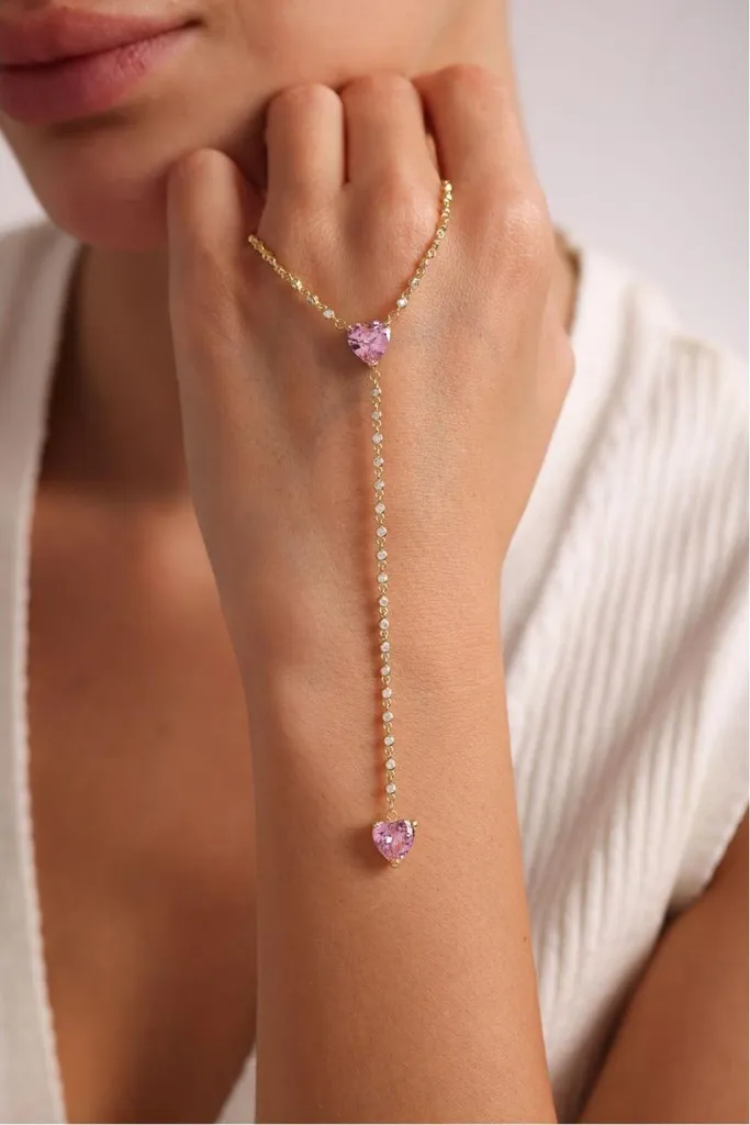 Collier Argent et Or Double Cœur serti d'une Zircone Rose Brillante