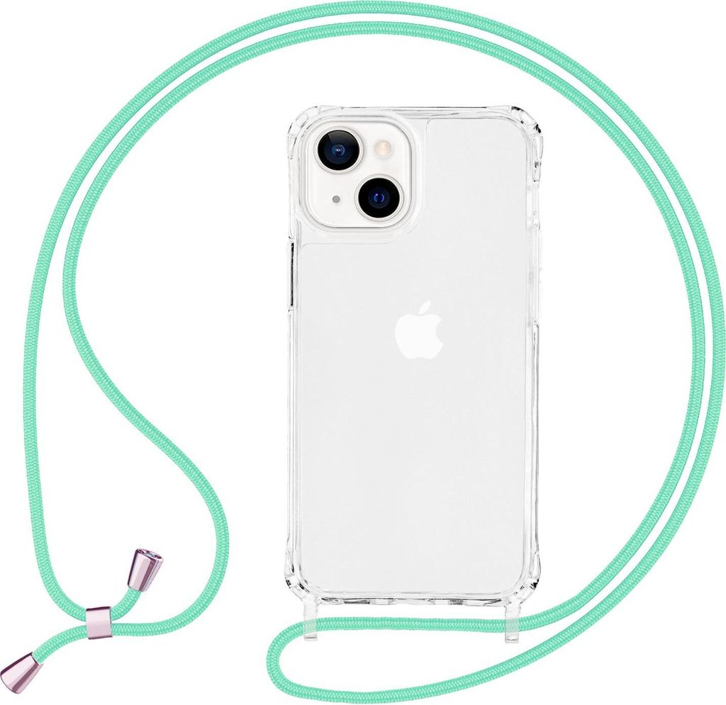 NALIA Klares Hybrid Case mit Kette für iPhone 13, Transparentes Hardcase & Silikon Rahmen, Schutzhülle & Handy-Schnur Mintgrün