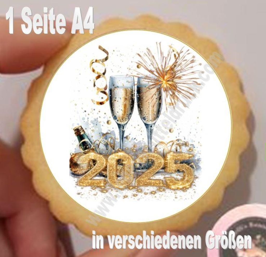 Silvester Neujahr Prosit 2025 mit Uhr Aufleger klein 1 Seite A4 für Lebkuchen, Cupcakes, Kekse, Kuchen in gewünschtem Durchmessern Fondantpapier ...