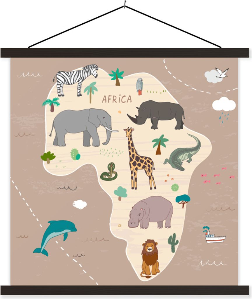 MuchoWow Textilposter Tiere - Weltkarte - Kinder - Afrika - Jungen - Mädchen 90x90 cm mit schwarzem Rahmen - Magnetisches