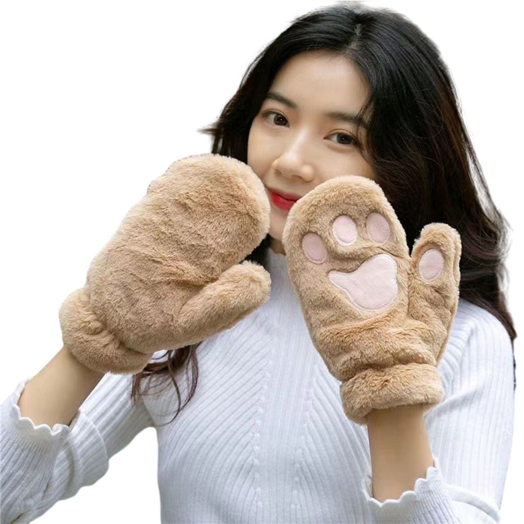 1 Paar Damen Winterhandschuhe aus weichem Plüsch, warme Fäustlinge, Stickerei, Katzenpfotenmuster, verdickte Mädchenhandschuhe, winddichte Outdo...