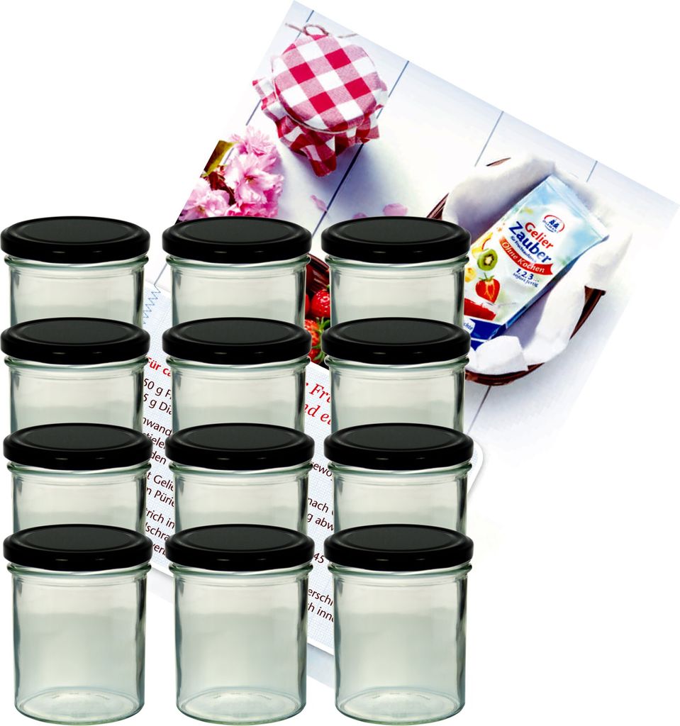 12er Set Sturzglas 350 ml Marmeladenglas Einmachglas Einweckglas To 82 schwarzer Deckel