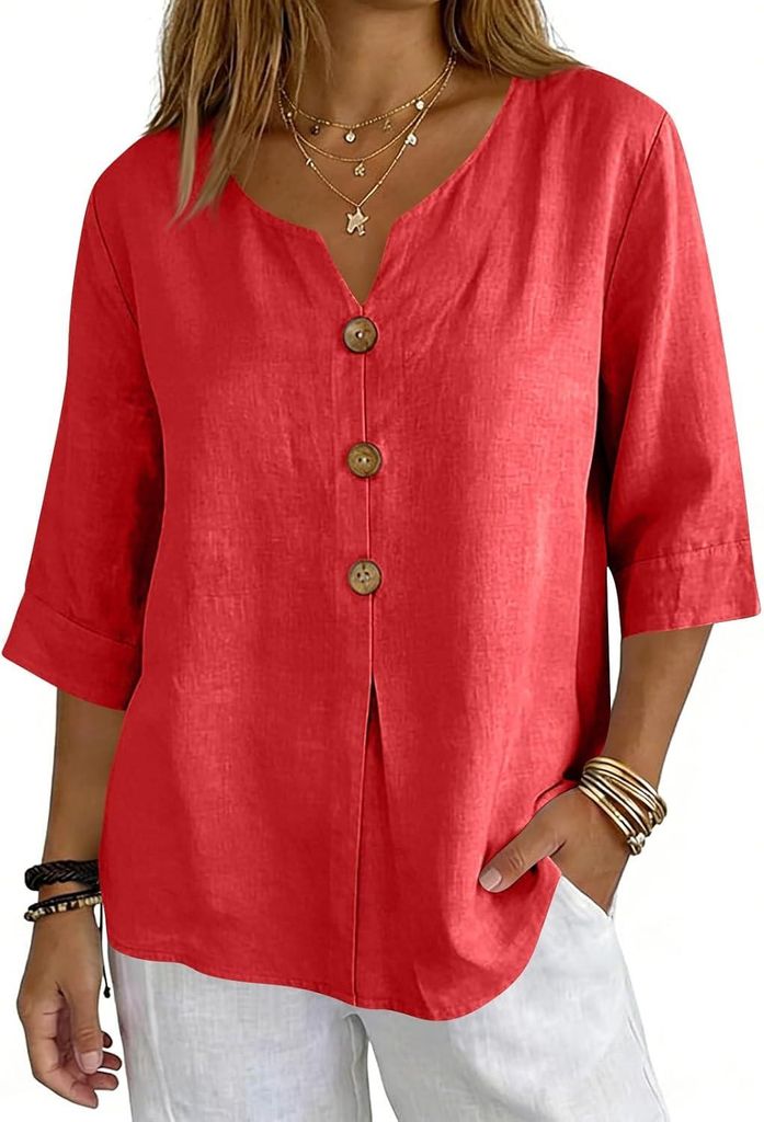 ASKSA Musselin Bluse Damen 3/4 aermel Sommerbluse Oversized Elegant V-Ausschnitt Tshirts Hawaii Hemd Leichte Kurzarm Bluse Top (Rot,L)