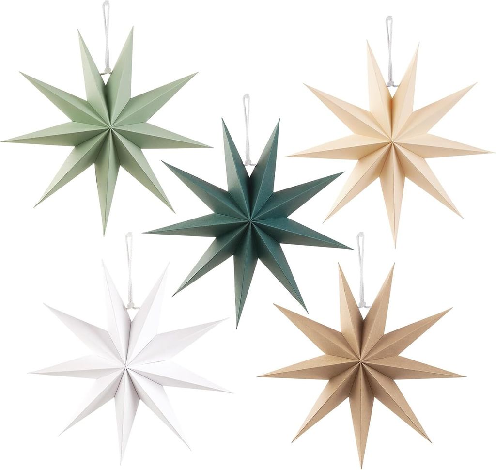 A collection of five paper stars of different colors and sizes, suspended against a white background.