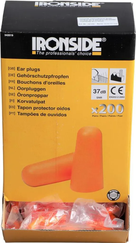 Bouchons d'oreilles en mousse SNR 37 dB pack de 200 paires IRONSIDE