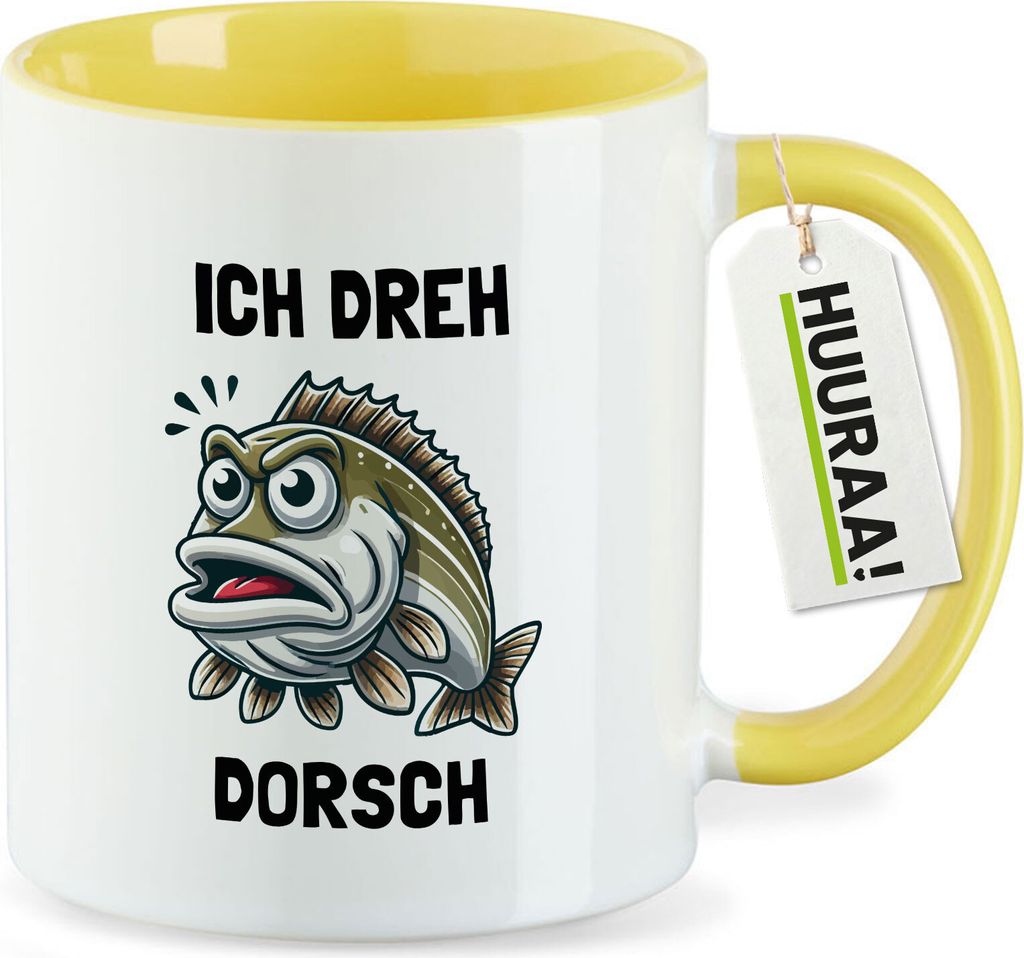 Huuraa Kaffeetasse Ich dreh Dorsch Comic Meme 330ml Gelb Keramik Kaffeebecher Geschenkidee