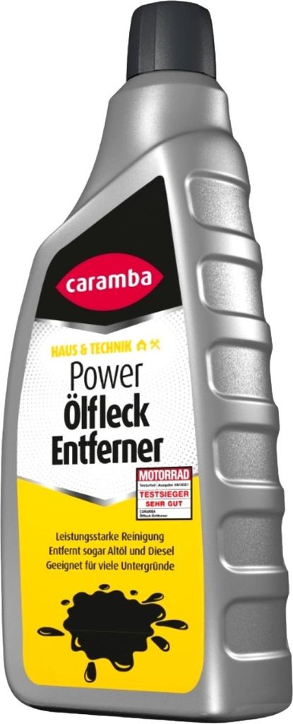 A bottle of Caramba Power Oelfleck Entferner cleaner against a white background.