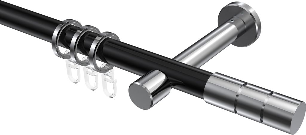 Interdeco Gardinenstange / Vorhangstange Schwarz / Chrom, Typ Prestige Elanto (Rillenzylinder), 20 mm Ø 1-läufig, 240 cm