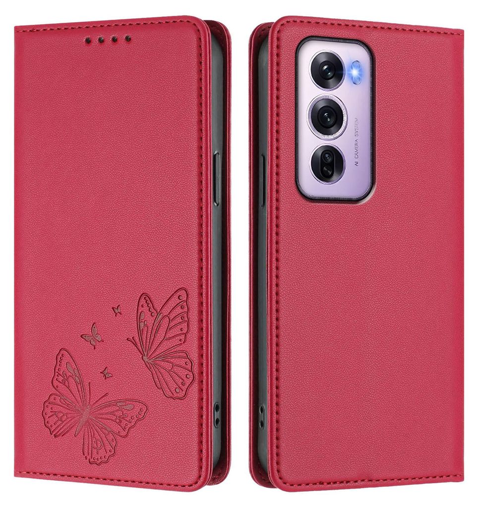 Lederhülle für Oppo Reno12 Pro 5G, Schmetterling Prägung Leder Brieftasche Schutzhülle mit Ständer Rot