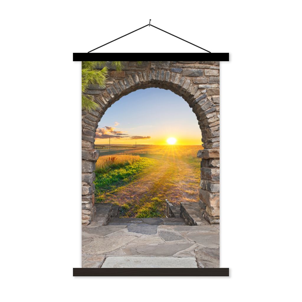 MuchoWow Textilposter Landleben - Sonne - Aussicht - Landschaft 60x90 cm mit schwarzem Rahmen - Poster Wohnzimmer