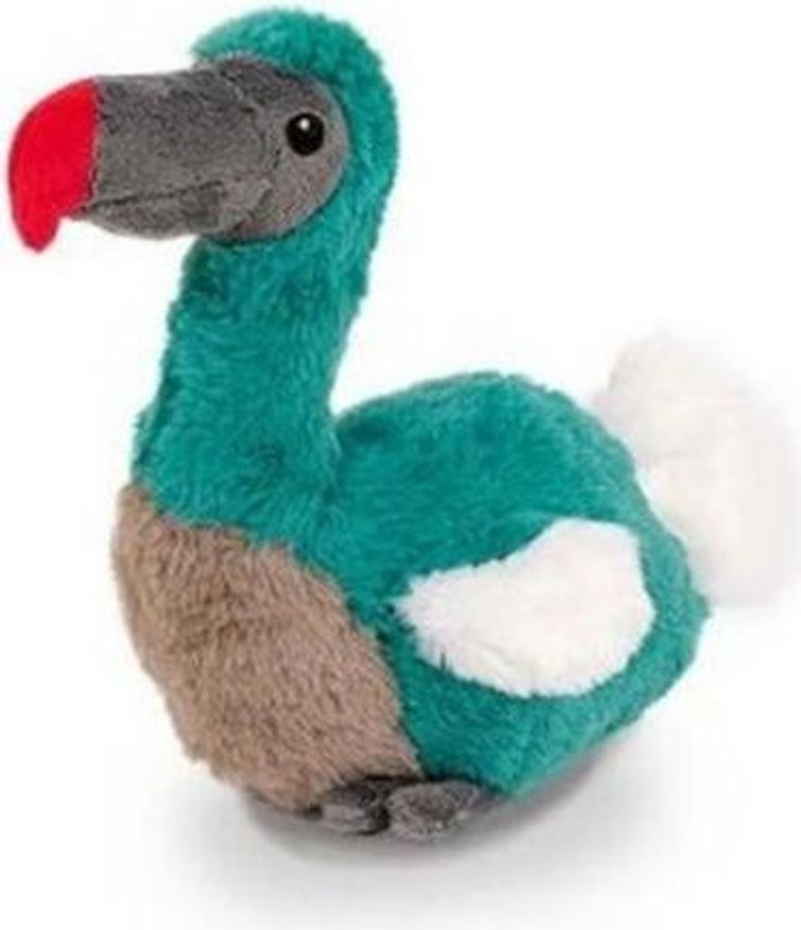 A plush toy dodo bird is shown against a white background.