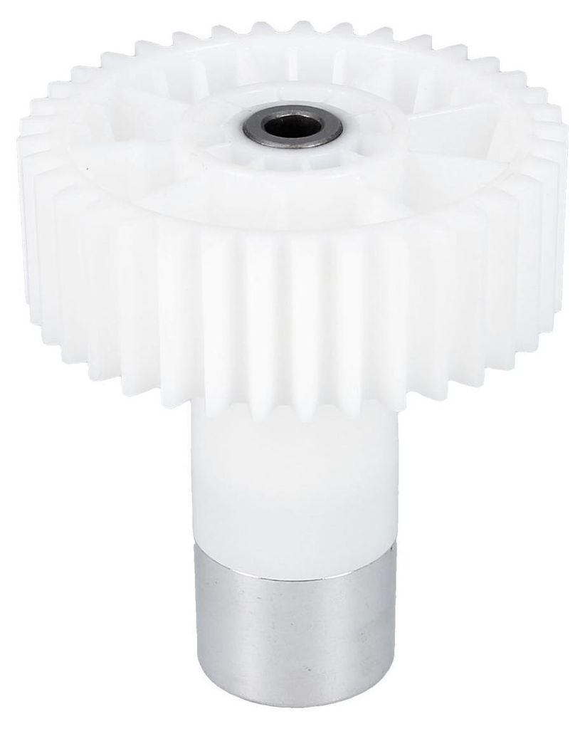 A white plastic gear with a metal shaft on a white background.