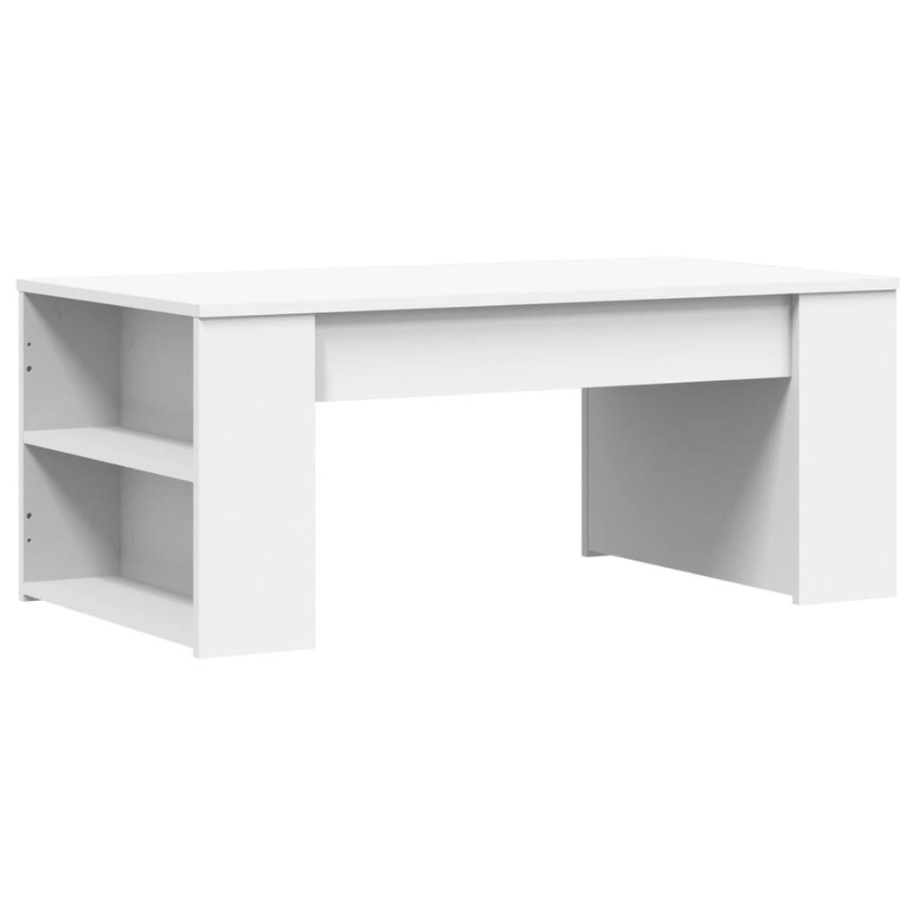 A white coffee table with two shelves on the left side, shown against a white background.