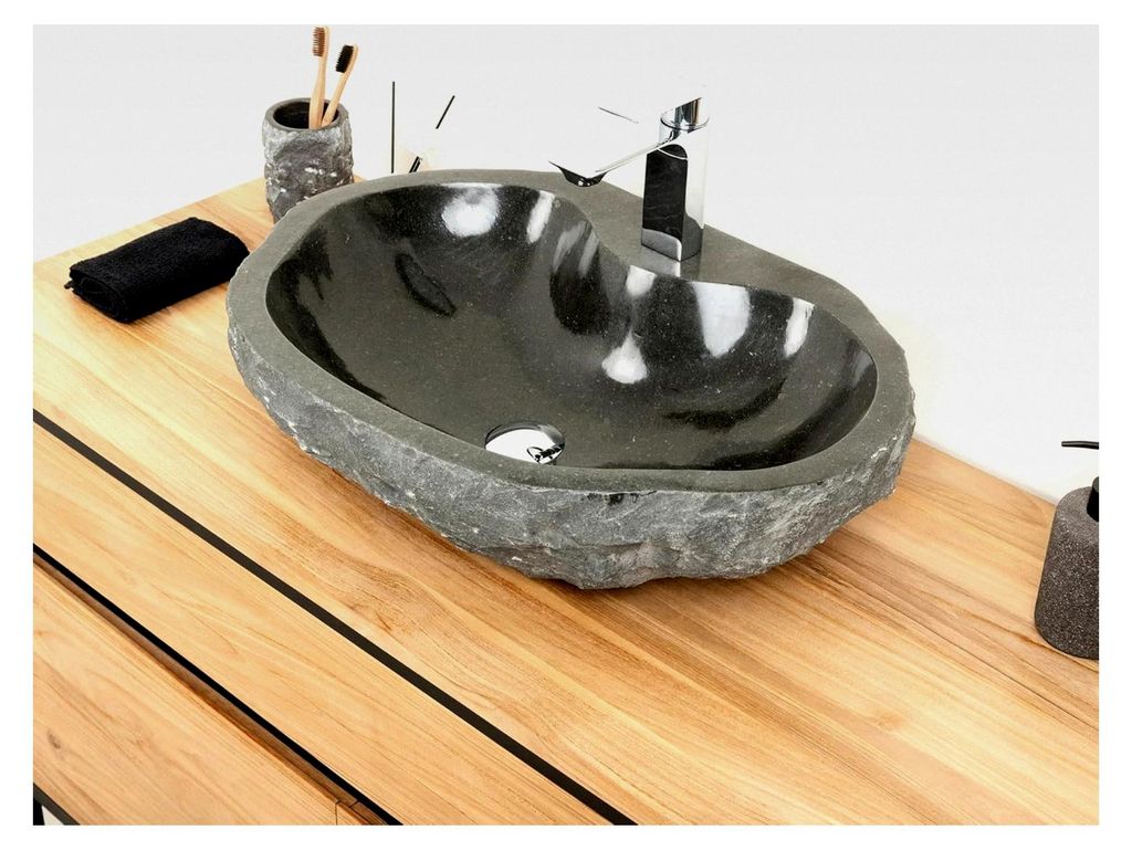 Waschbecken aus Andesit mit gerader Rückwand und Hahnloch - oval 60 cm anthrazit Aufsatzwaschbecken