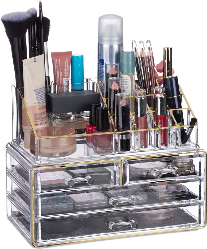 relaxdays 2 x Make Up Organizer transparent/gold