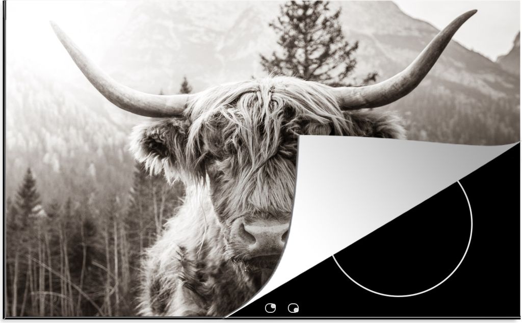 KitchenYeah Herdabdeckplatte Schottischer Highlander - Tiere - Schwarz - Weiß , 81x52cm, Küche Deko, Glaskeramikfeld Herdabdeckung, Abdeckplatt...