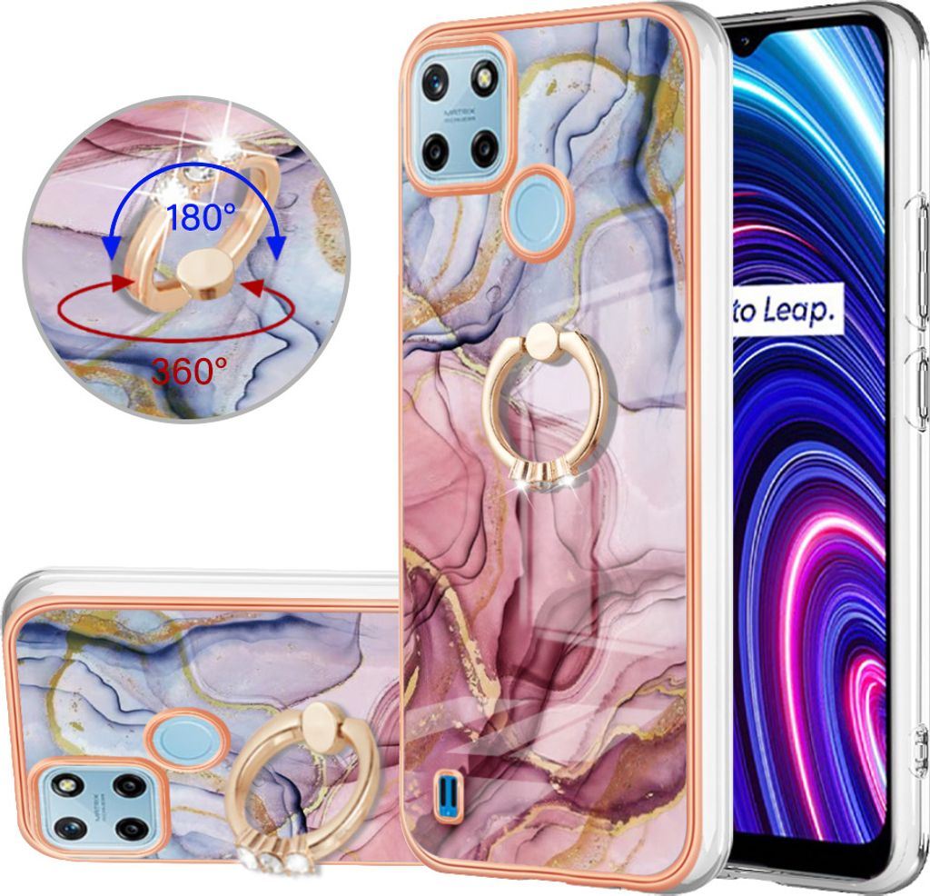 OPPO Realme C21Y Hülle, Muster TPU Silikon Stoßdämpfer Bumper Schutzhülle mit Ring Ständer für OPPO Realme C21Y C25Y Rosa