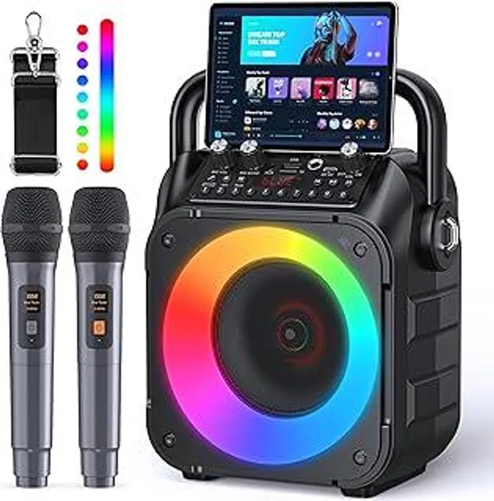 Macchina per karaoke Wowstar con 2 microfoni, altoparlante Bluetooth portatile per adulti/bambini con effetti luminosi Set completi PA, supporta TF/USB, FM, AUX in, TWS per feste