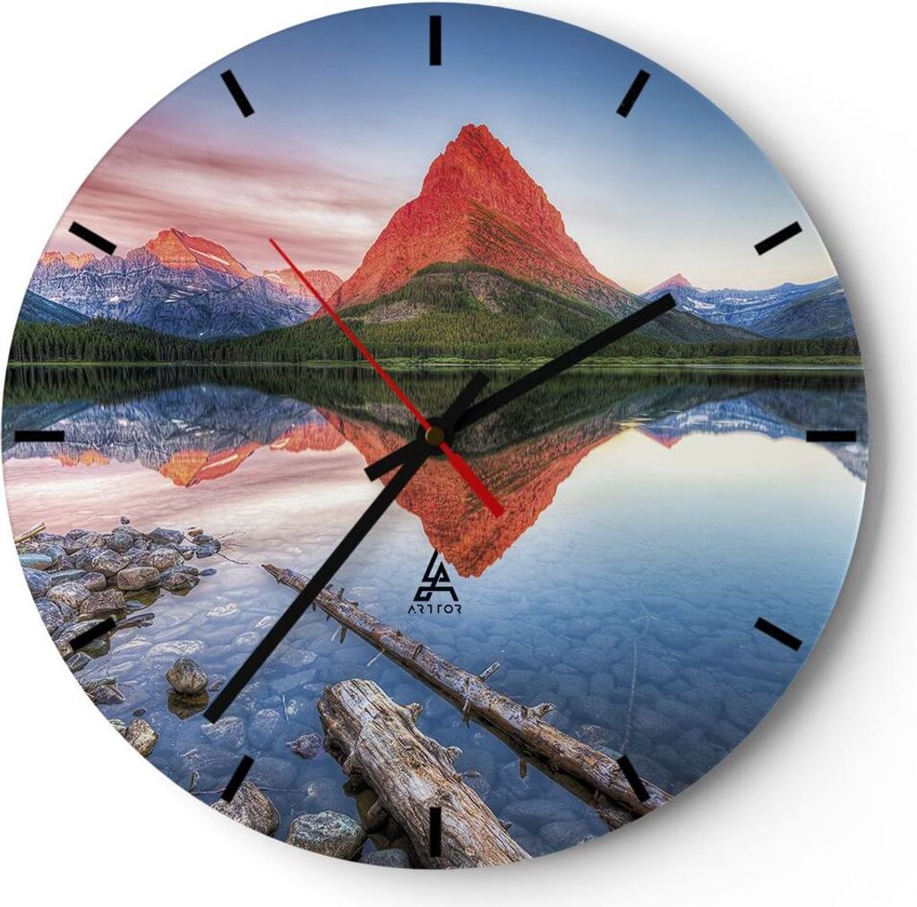 Wanduhr - Rund - Glasuhr - See Berge Spiegelung - 30x30cm - Schleichendes Uhrwerk - Lautlos - zum Aufhängen bereit - Dekoration Modern - Wanddekor...