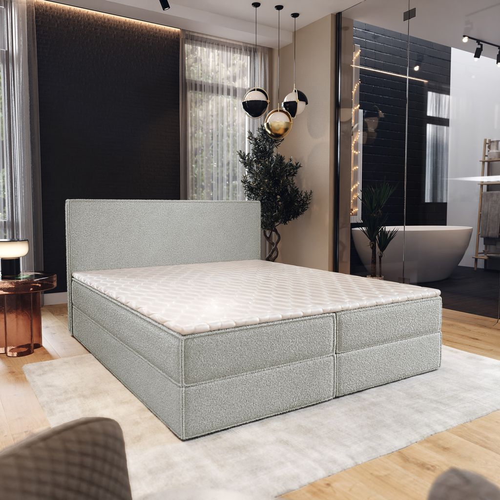 Masseno Boxspringbett PELLIO 140x200 cm Komplett-Set mit Bonell Matratze und Topper, Polsterbett mit Bettkästen -Hellgrau, QUELLE 83