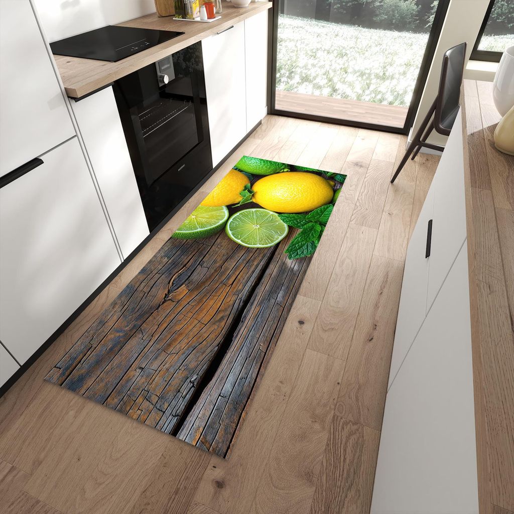Küchenteppich 80x200cm rutschfest & abwischbar PVC Läufer - Zitrusfruechte Holz