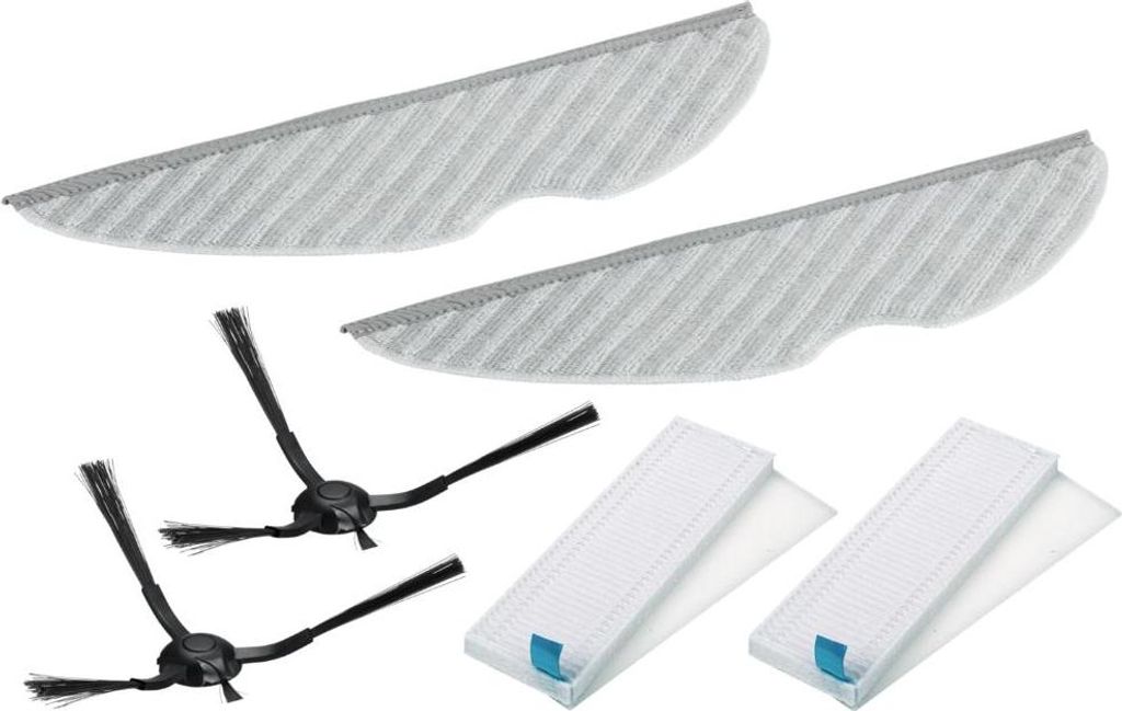 A set of cleaning accessories for a robot vacuum cleaner, including mop pads, side brushes, and filters, laid out on a white background.
