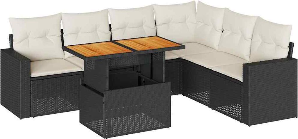 vidaXL 7-tlg. Garten-Sofagarnitur mit Kissen Schwarz Poly Rattan